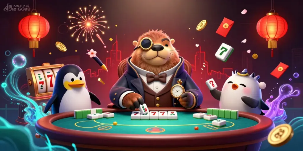 Engage with games at Nhà cái GO99 featuring a walrus dealer at a vibrant underwater poker table.