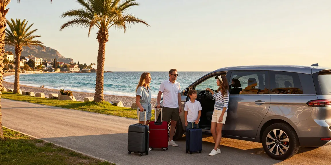 Antalya Private Transfer experience at luxury vehicle with scenic backdrop, family ready for adventure.