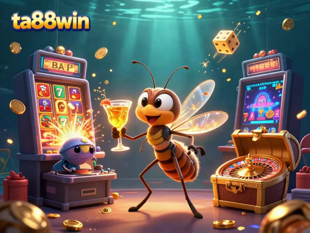 Engage in thrilling gameplay with ta88win's lively casino scene featuring unique characters, games, and golden celebrations.