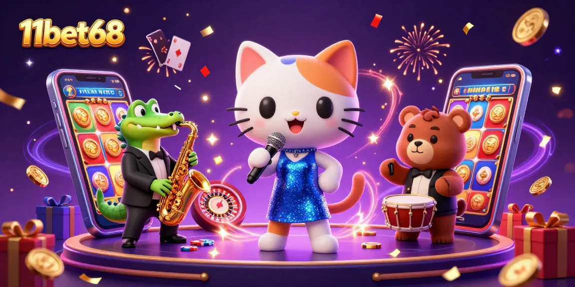 Experience the vibrant casino scene with 11bet68 as characters celebrate with slot games and energy.