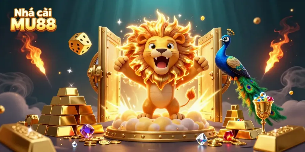 Experience the thrill at Nhà cái MU88 with a scene of vibrant golden casino elements and a roaring lion.