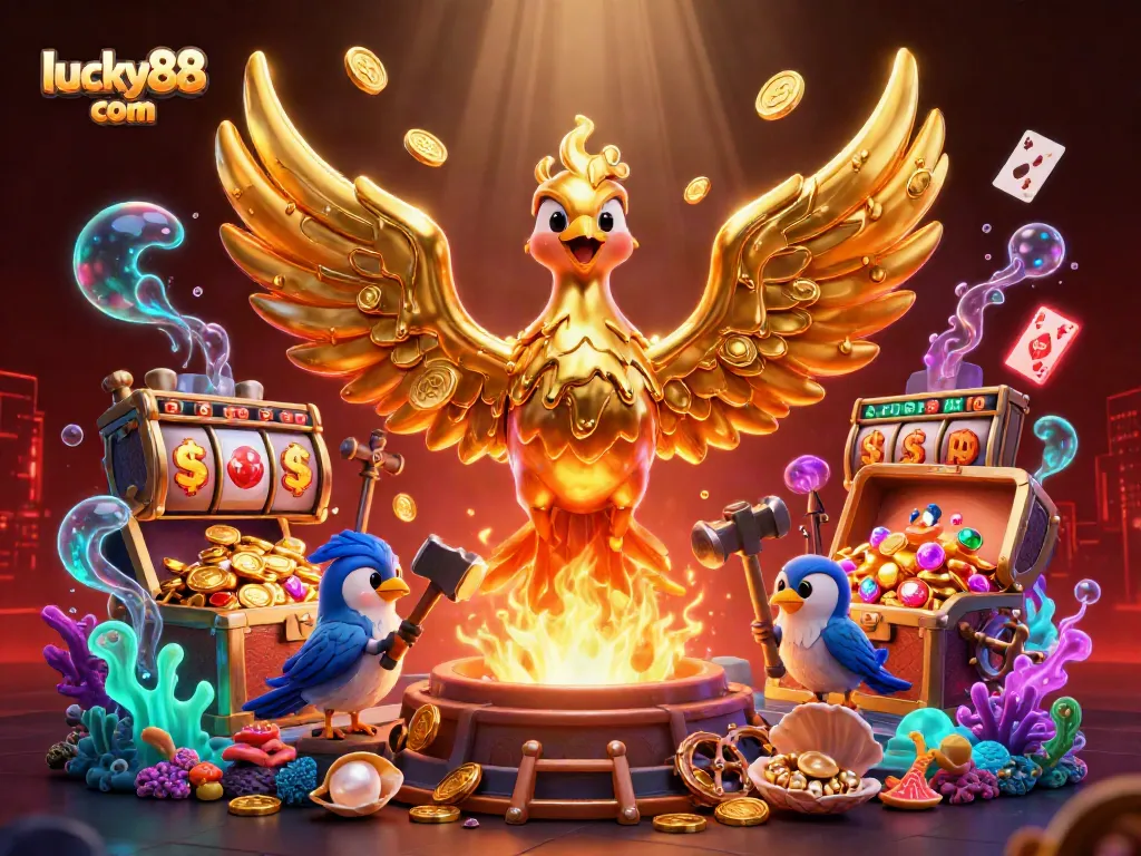 Experience thrilling winnings at lucky88 com with a stunning golden phoenix in an exciting casino scene.