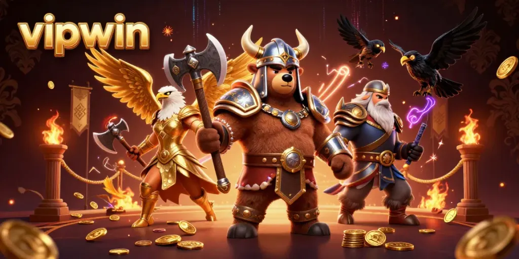 Experience thrilling action at vipwin with a Viking bear and Valkyrie eagle in a dynamic casino scene.