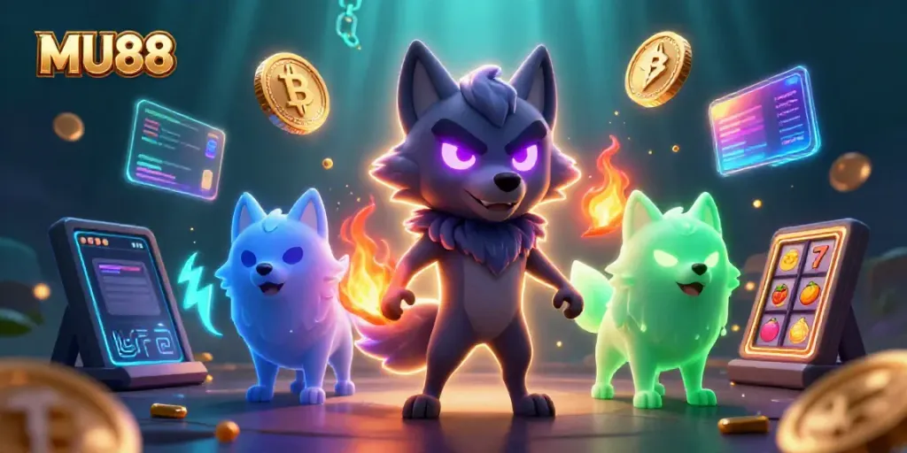 Experience thrilling gaming at MU88 with wolf characters in a dynamic casino scene filled with crypto elements.