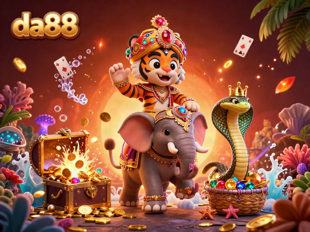 Engage in thrilling adventures with da88 as a 3D cartoon maharaja rides an ornate elephant amidst casino treasures.