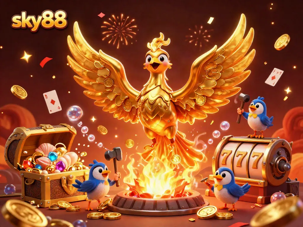 Engage in the thrilling world of sky88 with a 3D golden phoenix, golden coins, and dynamic casino symbols