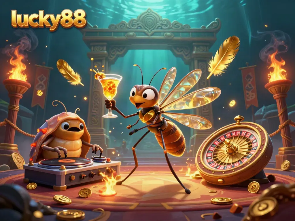 Engage with lucky88's vibrant casino universe featuring an ancient-themed mascot and dynamic gaming elements.