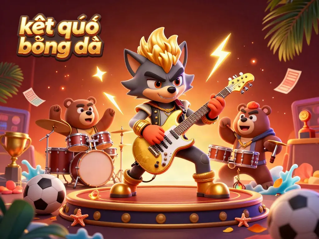 Experience the thrill of kết quả bóng đá with a dynamic 3D cartoon scene featuring a rock star wolf, drummer bear, and sports betting elements.