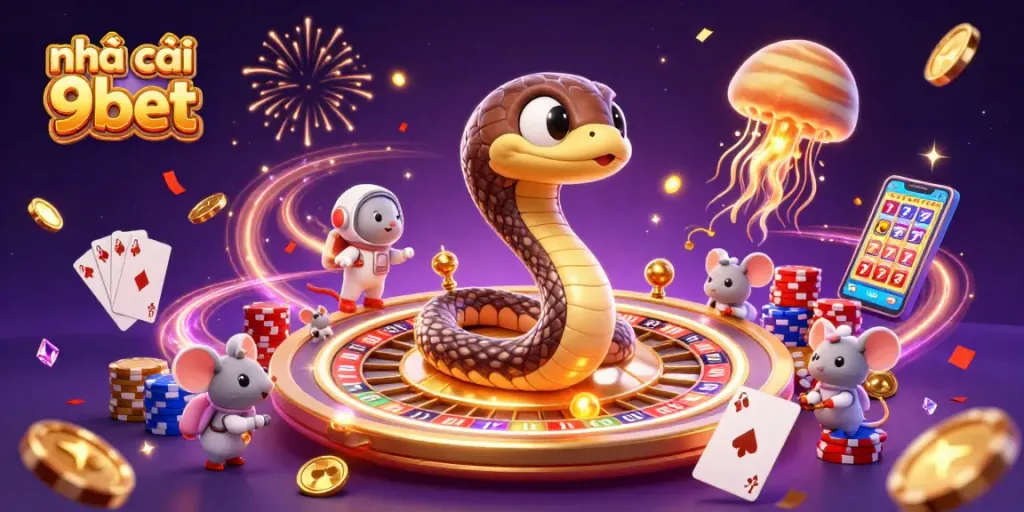 Engage with nhà cái 9bet through dynamic gameplay featuring a roulette wheel, astronaut mice, and cosmic dealer elements.