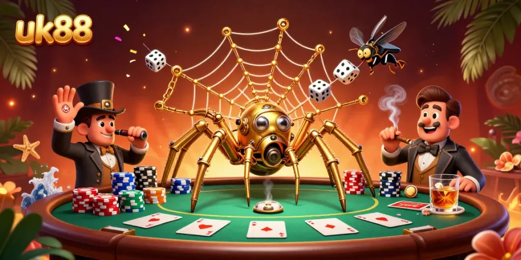 Engage with uk88's vibrant casino scene showcasing a 3D spider amidst poker elements and a Victorian gentleman.