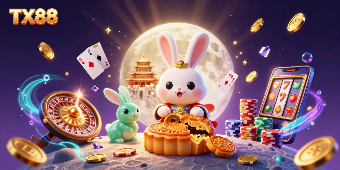 Play thrilling slot games with TX88, featuring a moon rabbit and golden mooncakes revealing treasures.