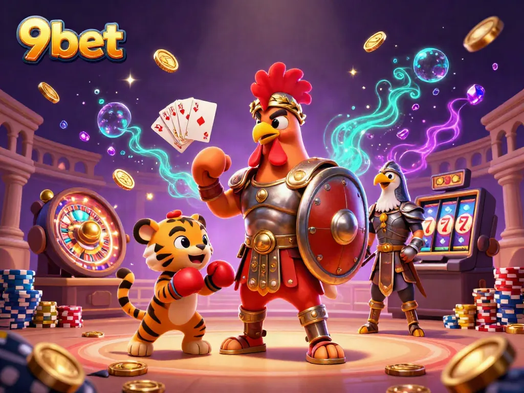 Experience thrilling moments at 9bet with a dynamic casino scene featuring gladiators, coins, and slot machines.