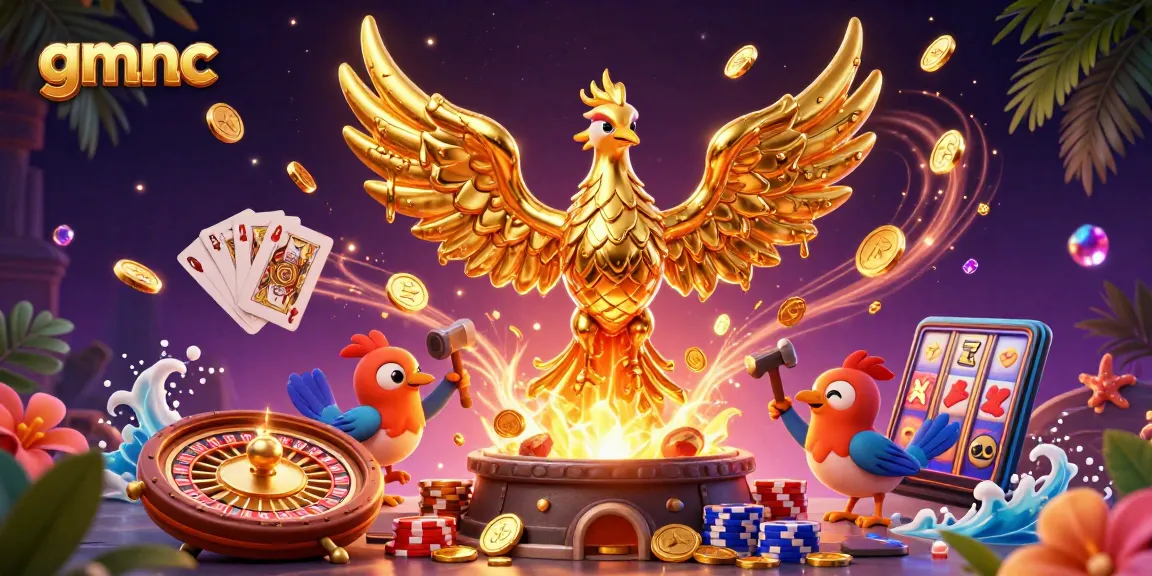 Experience thrilling gaming with gmnc, showcasing a golden phoenix and casino elements in action.