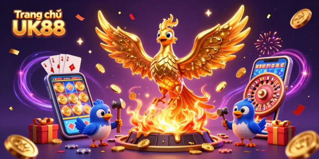 Experience exciting moments at Trang chủ UK88 with vibrant gambling elements and the golden phoenix illustration.
