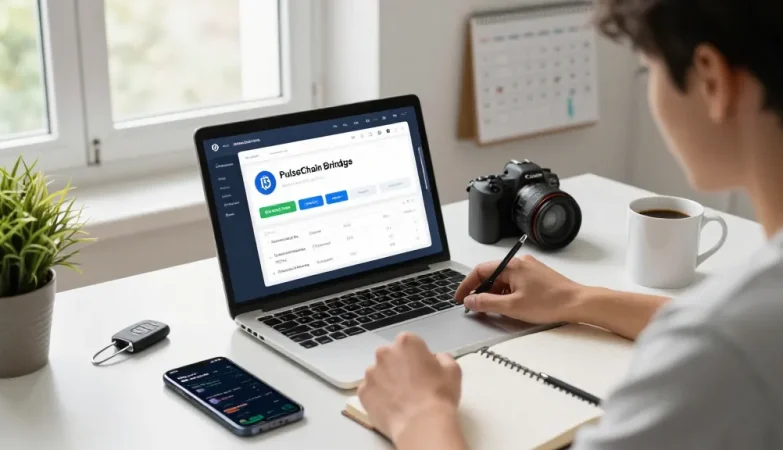 PulseChain Bridge interface displayed on a user's laptop in a modern office, highlighting seamless ETH and PLS transfers.