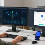 快连应用程序界面展示，现代办公环境，开发者专注工作，科技感十足