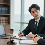 Criminal lawyer discussing case details with client in professional office setting, this link illustrating trust and expertise.