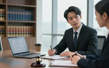 Criminal lawyer discussing case details with client in professional office setting, this link illustrating trust and expertise.