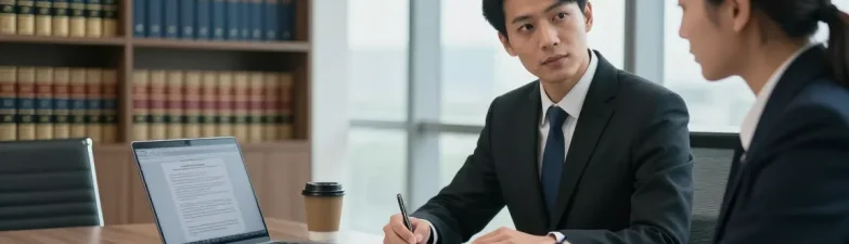 Criminal lawyer discussing case details with client in professional office setting, this link illustrating trust and expertise.