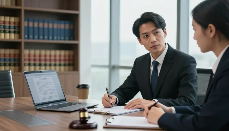 Criminal lawyer discussing case details with client in professional office setting, this link illustrating trust and expertise.